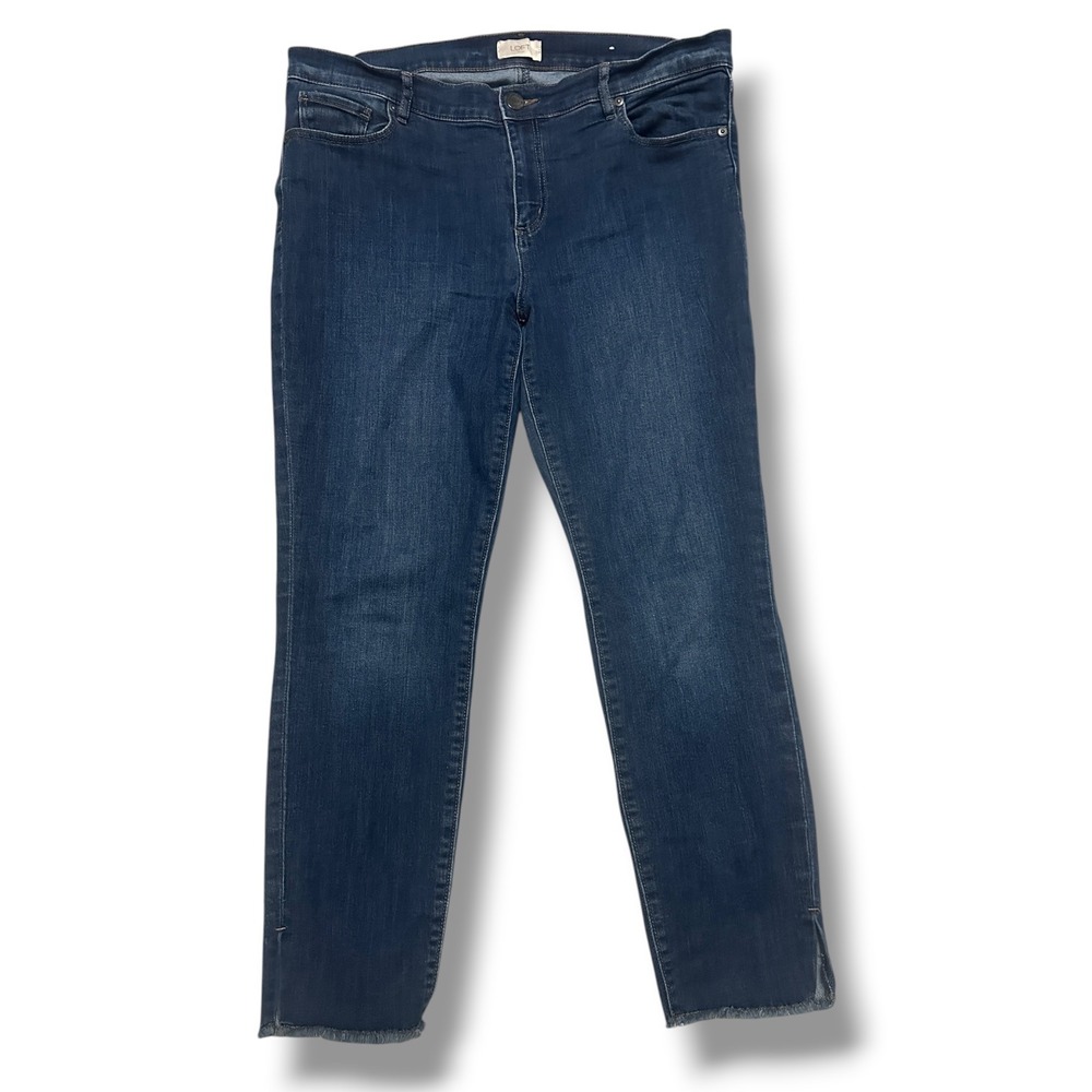 LOFT‎ Outlet Modern Skinny Jeans Dark Wash Frayed Hem Side Slit Ankle Size 14